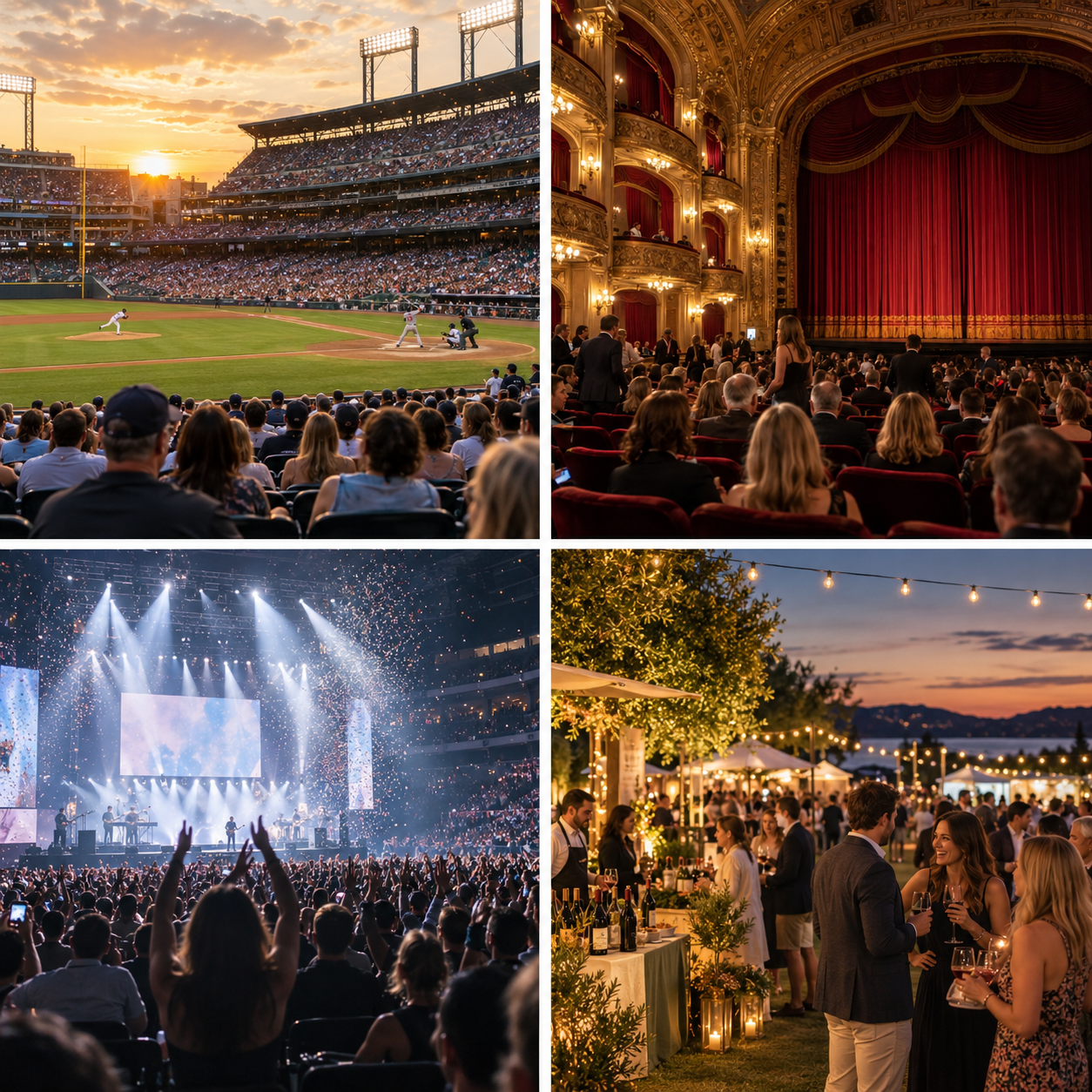 Photo collage of a baseball stadium, a Broadway theater, a concert, and an outdoor evening event