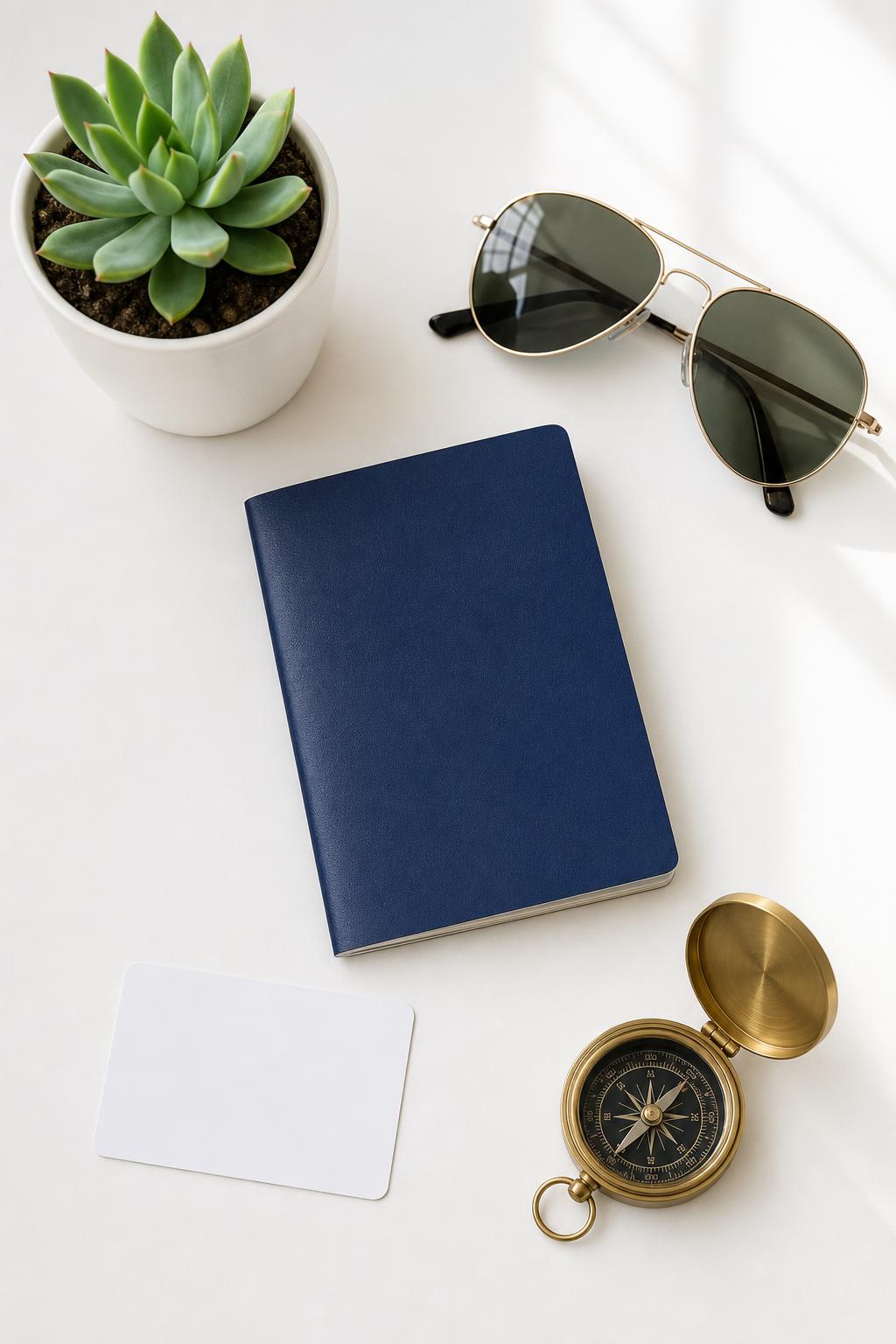 Passport, sunglasses, compass, and succulent on a white desk