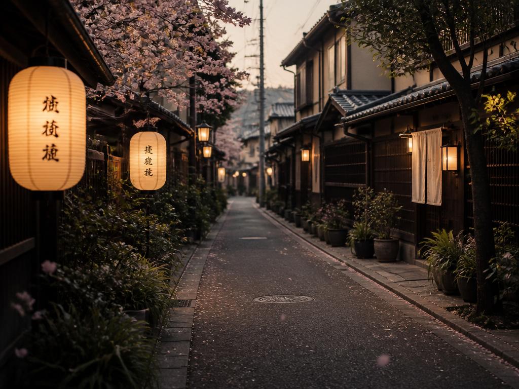Quiet lantern-lit street in Tokyo at dusk with cherry blossoms