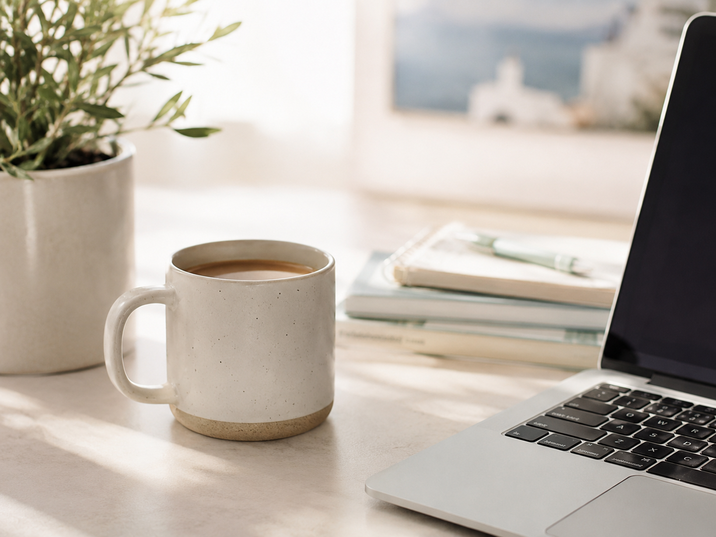 Planning desk with mug and plant
