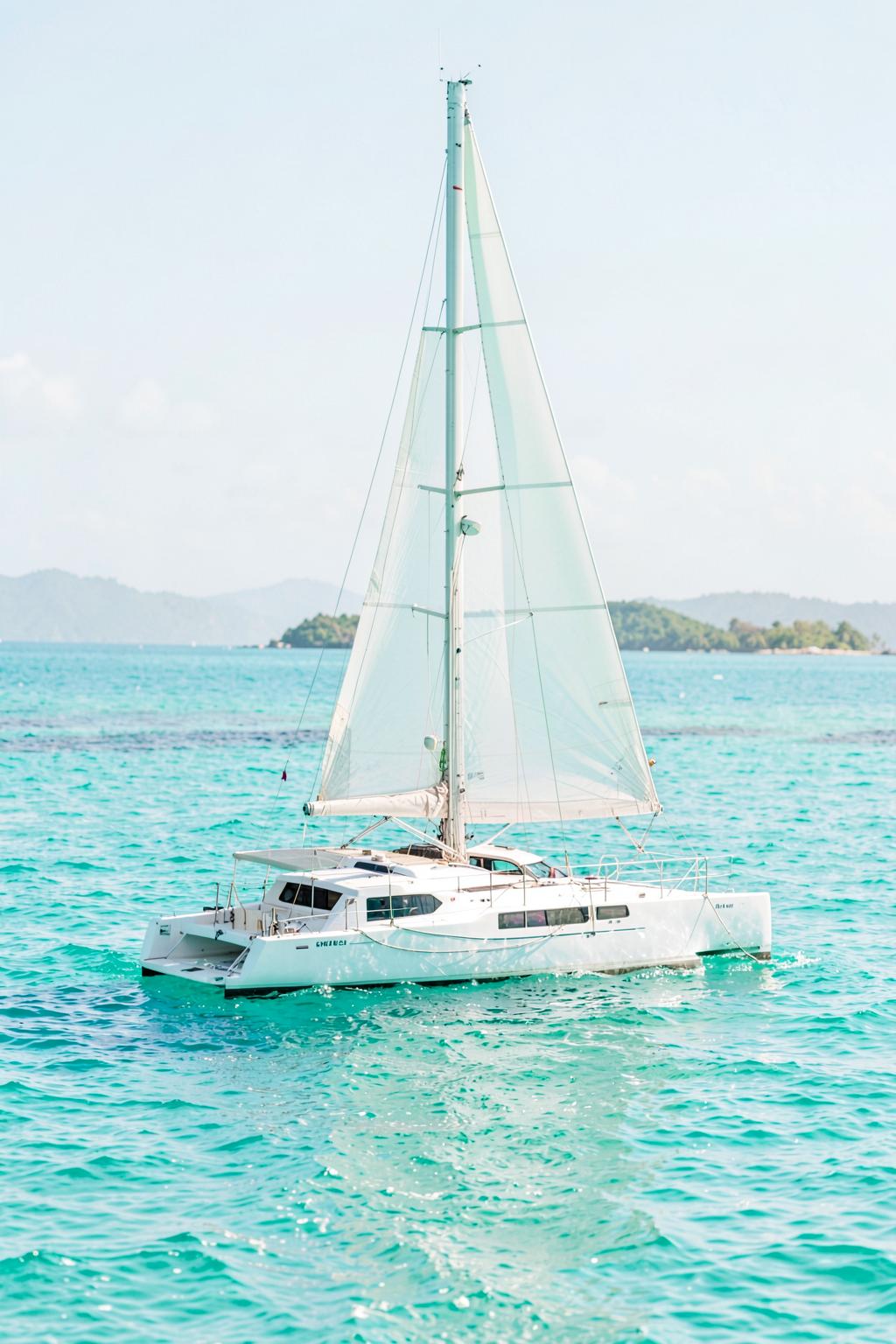White catamaran sailing on turquoise Caribbean water
