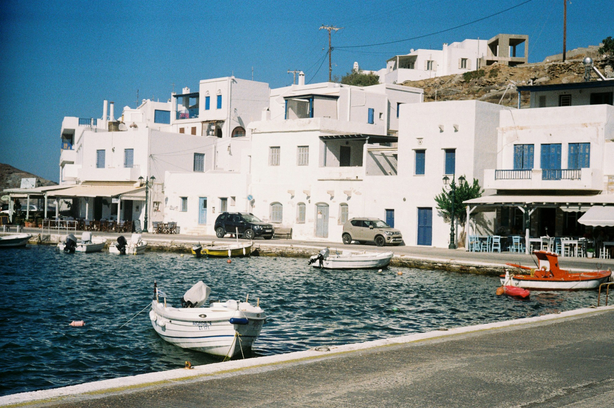 Greek island harbor white houses