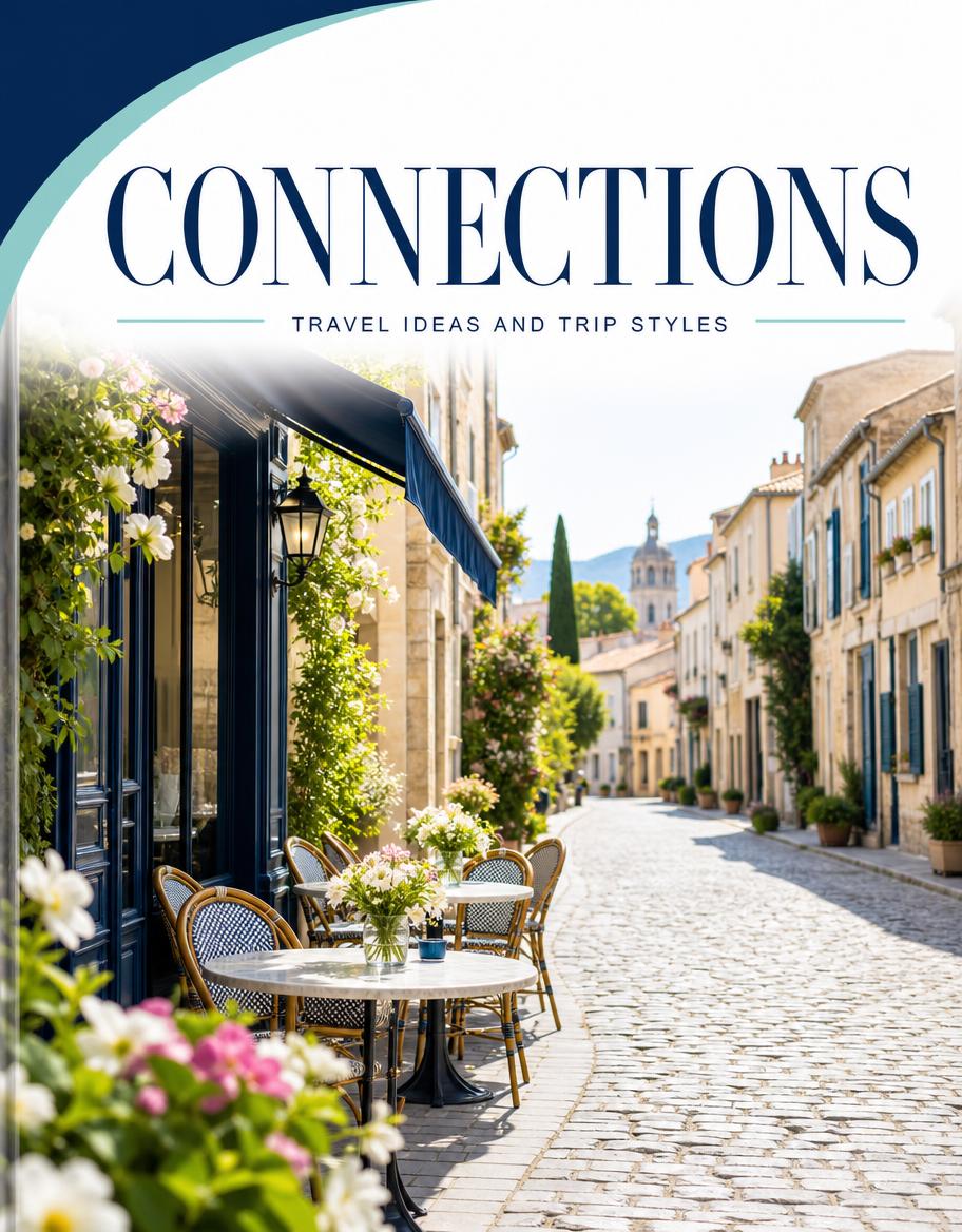 Connections magazine cover with a sunlit European cafe street