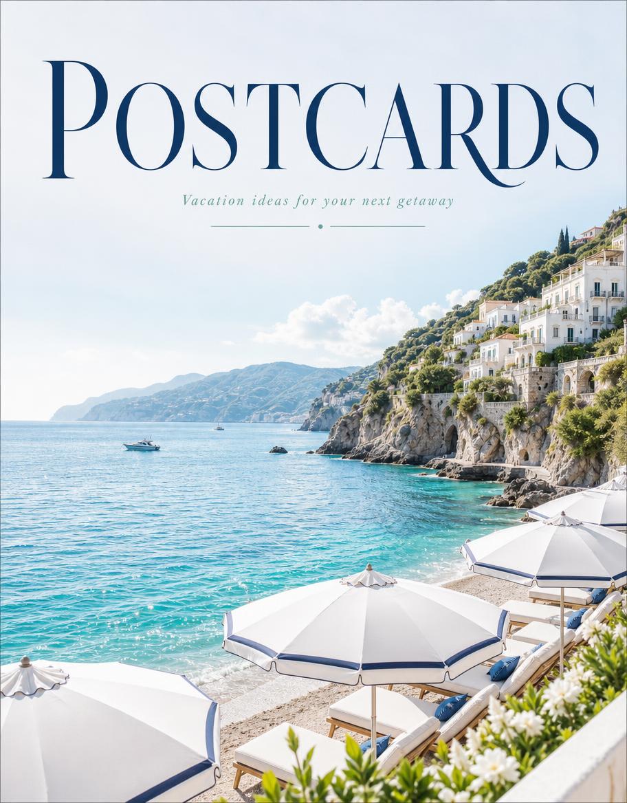 Postcards magazine cover with a sunny coastline and beach umbrellas